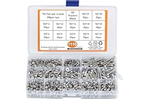 KARAA 1100 Stück M3 Innensechskantschrauben, Bolzen, 12 Größen, Innensechskantschrauben, Set mit Muttern und Unterlegscheiben, M3 x 4/5/6/8/10/12/14/16/18/20/25/30