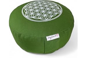 maylow Yoga mit Herz Cojín de yoga de meditación, bordado de flor de la vida, 33 x 15 cm, para principiantes y experimentados, relleno de espelta orgánica, funda y relleno de algodón, lavable (oliva)