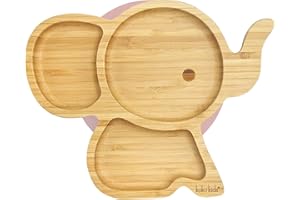 KOKO KIDS ASSIETTE EN BAMBOU ÉLÉPHANT ~ en bambou naturel et silicone de qualité alimentaire. Dimensions: 19 x 24 cm. Capacité: 325ml. (rose)