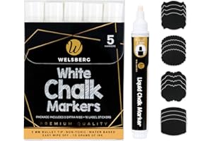 Welsberg 5 Markerów Kredowych W Płynie Biały 5 Mm, Zestaw Długopisów Kredowych Z 16 Etykietami I 5 Dodatkowych Końcówkami, Marker Kredowy Do Tablica Szkolna, Okien, Szkła, 10 Gramów Atramentu