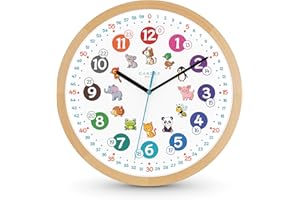 Cander Berlin MNU 11730 Wanduhr Kinder Holz 30,5 cm Lernen Lernzifferblatt Holzuhr lautlos geräuschlos leise Massivholz Holzrahmen Kinderzimmer ohne Tickgeräusche Junge Mädchen Buche Tiere