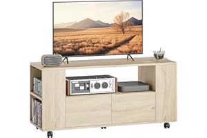 HOMCOM Mueble de TV con Ruedas, Mesa de TV Móvil, Mueble para Televisión hasta 42 Pulgadas, con 2 Cajones, Estantes Ajustables, para Salón, Comedor, Dormitorio, Madera Natural