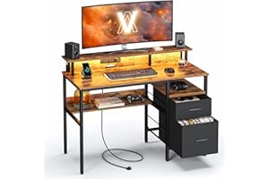 VASAGLE Bureau Gaming, avec Tiroirs en Tissu, Table Informatique avec Support d'Écran, Lumières LED, 55 x 120 x 90 cm, Multiprise, 2 Ports USB, pour Bureau à Domicile, Marron Rustique LWD093K01