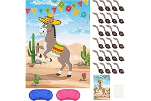 PLULON Pin The Tail on The Donkey Jeux fête d'anniversaire pour Enfants Affiche Jeu d'âne Mexicain avec 24 Autocollants Queue pour âne Party Favors Carnaval Anniversaire Fiesta Party Home Décorations