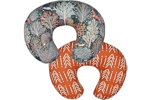 WINMANY 2 Pack Baby Nursing Pillow Cover Newborn U-Shaped Breastfeeding Pillowcase Cushion Cover Stretchy Replaceable Forest&Floral Pillow Cover Slipcover 22.5x18 inch (Forest + Retro Geometry)