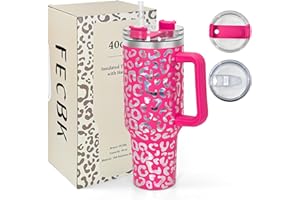 FECBK 1,2L Kaffeebecher to Go Thermobecher Doppelwandig Edelstahl Vakuumisoliert Auslaufsicher Trinkbecher mit Deckel und Strohhalm 40 oz Tumbler Cup, Spülmaschinenfest, Hot Pink Leopard