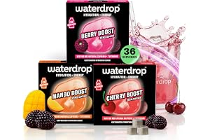 waterdrop MICRODRINK Energiset, energidryckpulver, 36 kuber dryckespulver, smak av mango, körsbär och björnbär, sockerfri och kalorifattig, med 90 mg naturligt koffein, vitamin C och B – smakdroppar