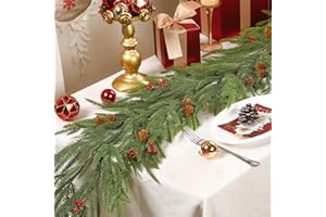 SHareconn 180cm Guirnalda Navideña Realista de Nixon con Piñas y Bayas Rojas, Decoración de Vegetación Artificial de PE para Repisa de la Chimenea, Escaleras, Mesa, Decoraciones Interiores y Exterior