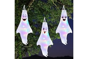 AnyDesign 3Pcs Halloween Ghost Windsock with LED Colorful Lights Cute Ghost Windsock Hanging Decoration Flying Ghost Flag Wind Socks for Halloween Home Outdoor Indoor Haunted House Party Supplier