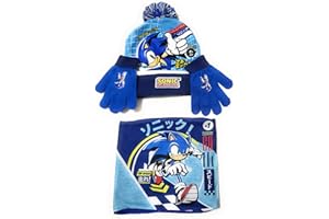 Requeteguay Urban RU Sonic The Hedgehog Mütze, Schlauchschal & Handschuhe für Kinder | Winterset Sonic The Hedgehog Mütze mit Pompon, Halstuch mit Innenfutter und Handschuhen