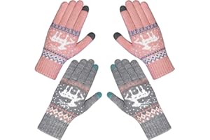 Chalier Fashion 2 Paires Gants Femme Hiver Chaud Tactile Gants à Ecran Tactiles Tricotés Douce Motif de Elaphurus Mignon - Blanc/Gris - Taille unique