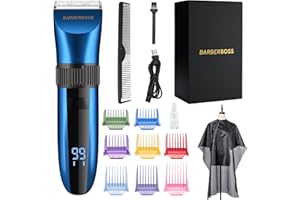 ‎BARBERBOSS BarberBoss Kabelloser, selbstschärfender Bart- und Haarschneider, wasserdicht, mit Keramikklingen, LED-Display, schnelles Aufladen und 8 farbigen Kamm-Aufsätzen QR-2082
