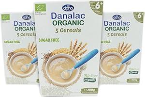 DANALAC Biologiques 5 Céréales pour bébés (Blé, maïs, riz, seigle, orge) bouillie de 200 grammes sans sucre 6 mois et plus (Paquet de 3)