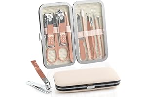 UKOFEW Kit de Manucure Pedicure, Coupe Ongle Kit, Trousse Manucure Femme Homme, Kit Manucure Inoxydable, Ensemble de Manucure, Professionnel Outils Accessoires avec Boîte de Voyage (Rose,10PCS)
