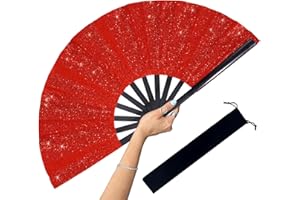 CharmBurst Gran Abanico Plegable con diseño de Purpurina roja, Abanico Clack para Baile en línea, Fiesta y Eventos al Aire Libre, Abanico Retro Rave, como decoración o