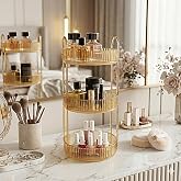 3 Katlı Makyaj Organizeri Kozmetik Aksesuar D&uuml;zenleyici Kozmetik Vitrini Yuvarlak (Amber Sarı)