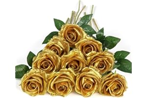 DuHouse Set of 10 Artificial Silk Fabric Roses - 54 cm Long Stems, Realistic Fake Flowers for Wedding, Bridal Bouquet, Party Table Decoration & Home Decor (Gold)