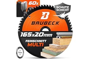 BAUBECK Sägeblatt 165x20 inkl. 16mm Reduzierring - Multi Material Feinschnitt - Kreissägeblatt 165x20 für Holz, Aluminium, Metall uvm. - Sägeblatt 165 - Kreissägeblatt 165x16