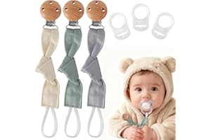 EARLY MINDS 3er-Pack Schnullerkette Baumwolle, Schnullerketten Stoff, Baby Schnullerhalter mit Buchenholz Clip, Unisex Schnullerband für Mädchen und Jungen (Graugrün Beige)