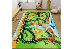 AKUNRUG Dinosaur Safari Road Map Carpet Playmat Rug, 200X150 CM Non-Slip Play Mat for Kids' Playroom Bedroom, Track Rug for Toy Cars
