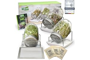 ‎GREEN SEEDS Green SEEDS® [Das Original Sprossenglas 3er Set + KRESSESIEB + 3 x Bio-Saatgut | 1000ml mit hochwertigem Edelstahl-Gitterdeckel, Ständer, Keramikschale + Sprossen-ABC [Druckversion] Keimglas