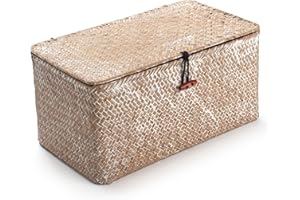 DOKOT Seagrass Storage Baskets with Lid Natural Rattan Woven Rectangular Organizer Box (Whitewash Medium 30cmx18cmx15cm H)