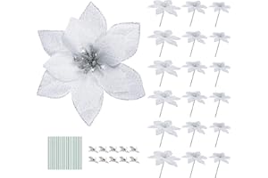 Homewit Glitter Weihnachtsstern Blume, 32 STK Künstliche Weihnachten Blumen in Größen (9cm, 13cm, 15cm) mit Clips und Vorbauten für Weihnachtsbaum Ornamente, Weihnachtsdekoration - Silber Weiss