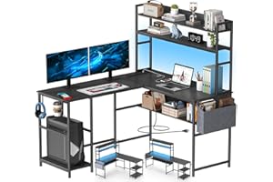 Yornoli L Shaped Gaming Desk with LED Lights & Power Outlets Computer Desk with Storage Shelves Office Desk with Headphone Hook & Cup Holder, Black