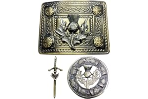 IMPERIAL KILT PRODUCTS Fibbia per cintura scozzese con finitura anticata, spilla per kilt a forma di cardo, spilla a testa di cervo e spille scialle, cintura per kilt con fibbia nodo celtico