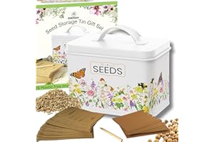 Evanmore Seed Storage Tin Garden Seeds Packet Organiser Metal Box Container Gift Set with Dividers, Envelopes, Lid, Pencil. 100% Plastic Free, Environmentally Friendly Gardening Gift
