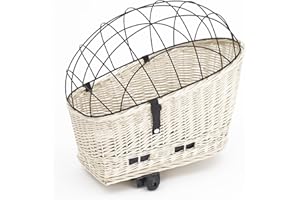 Tigana Hundefahrradkorb für Gepäckträger aus Weide 60 x 39 cm Weiß Gitter Tierkorb Hinterradkorb Hundekorb für Fahrrad (W-S) (XXL + Kissen + Holz)