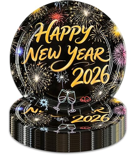 Partydeco Piatti Di Carta Dorati Con Scritta 'Happy New Year' E Stelle Bianche, 6 Pezzi, Ø 20 Cm