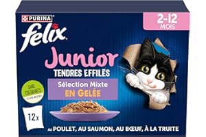 PURINA - Felix - Tendres Effilés Junior - Chat - Aliment Complet, Convient au Chaton stérilisé - Au Poulet, Au Boeuf, Au Saumon et à la Truite - Gelée - Portion Individuelle - 12 x 85g