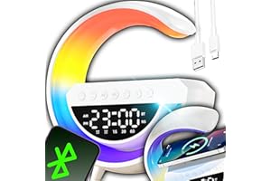 Retoo Lámpara de noche con función de carga - LED táctil regulable con 7 colores RGB, carga inalámbrica de 15 W, altavoz Bluetooth, despertador y reloj, USB AUX TF, para dormitorio, oficina