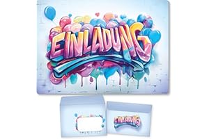 ‎BERILUDESIGN beriluDesign 12 Einladungskarten mit Umschlägen Kindergeburtstag Graffiti für Junge & Mädchen - Geburtstagseinladung