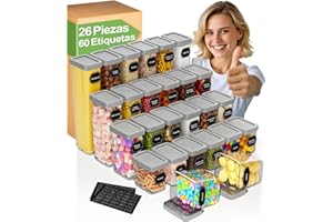 Homhut Botes Cocina Almacenaje 26 Piezas, Recipientes Herméticos para Alimentos, Tarros Cocina Almacenaje de Plástico con Tapa para Cereales Harina Café Pastas