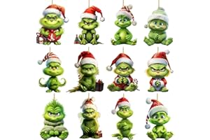 GIGGLEYE Grinch Weihnachtsdeko Anhänger – 12-teiliges Set | Hochwertige 2D-Acrylanhänger mit niedlichen Designs | Perfekt für Weihnachtsbaum, Fenster & Zuhause | Festliche Dekoration