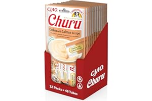INABA Churu Pureté Friandise pour Chats - Pâte pour Chats à Manger à la Main - Bâtonnets pour Chats au Poulet et au Saumon - 12 Paquets / 48 bâtonnets