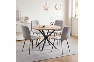 DEYARNA HOME Juego de Comedor Mesa Redonda 100cm y 4 Sillas de Comedor Tapizadas, Conjunto Mesa y Sillas (Madera Clara+Gris (Pana))