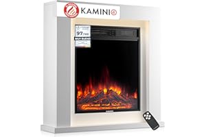 KAMINIO Chimenea eléctrica Matti - Chimenea eléctrica de pie con calefacción, Efecto de Llama 3D, Luz Ambiental LED, Control Remoto - 32 Pulgadas (Blanco)