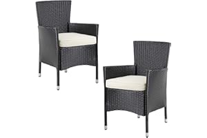 CASARIA 2X Sillas de Jardín Poliratán Apilables Negro Cojines Lavables Asientos Exterior Terraza Balcón