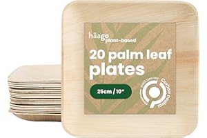 HAAGO 20 Talerzy z Liśćmi Palmowymi (25x25 cm, kwadratowe) Biodegradowalne i Jednorazowe - Ekologiczne Zastawy Stołowe na Piknik i na Zewnątrz - Można Używać w Kuchence Mikrofalowej