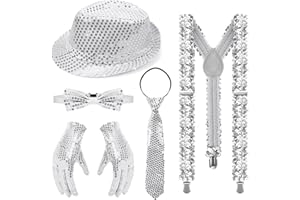 Meleager Disco Outfit Herren, Glitzer Kostüm Accessoires, Pailletten Fliegen, Krawatten, Handschuhe, Hosenträgern, geeignet für Silvester, Karneval, Aufführungen(Silber)