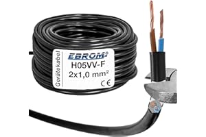 EBROM Kunststoff Schlauchleitung RUND, Kabel, Stromkabel, Leitung, Gerätekabel H05VV-F 2x1,0 mm² Farbe: schwarz - Viele Längen in 5 Meter Schritten bis 200 Meter 2x1 mm2, Ihre Kabellänge: 20 Meter