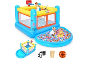 Uppblåsbart hoppborg – 270 x 172 x 128 cm, oceanserie hoppborg barn inomhus, PVC Bounce Castleb i havsdesign med litet bollbad och basketkorg