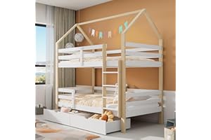 Azkoeesy Litera Infantil 90 x 200 cm, Cama Infantil en Forma de casita para 2 niños, con 2 cajones, protección anticaídas, somier, Madera de Pino, Color Natural