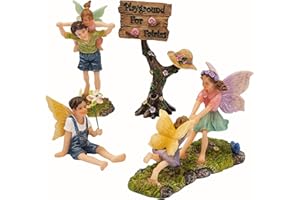 PRETMANNS Fairies for Fairy Garden - Accessories Kit for Indoor Outdoor Miniature Garden – Boy & Girl Figurines with a cute Sign – A 4-piece colorful Playground Set