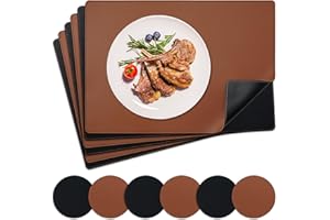 NOSTHEART Manteles Individuales y Posavasos, Salvamanteles Manteles Lavables Individuales con Borde Cosido, Manteles Individuales Antideslizantes Impermeables de Doble Cara - Negro Marrón, Juego de 6