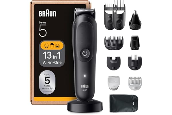 Braun Recortadora Todo En Uno Series 5 AIO5565, Kit De Styling 13en1 Para Barba, Pelo, Orejas, Nariz y Cuerpo, 120 Min, Cortapelos Hombre Con Lámina Ultra Afilada, Recorte Preciso Y Eficiente, Negro