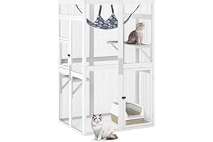LEFLUFFY Catio Outdoor Cat Enclosure,Cattery Outdoor/Indoor for cats, Wooden Cat House Shelter, Kitty Cage with 3 Platforms for Patio Indoor,Accommodate Up to 3 Cats,100L*84.5W*162H cm (White, Medium)